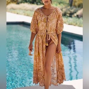 NWT  By Anthropologie Ember Kaftan Floral Embroidered‎ Beach Cover Up Size XL